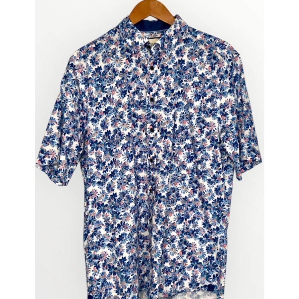 HAUPT Blue Floral Short Sleeve Linen Cotton Hidden Button Down Collar Shirt M